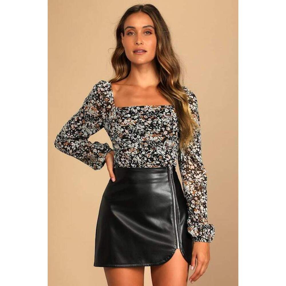 Lulus Mood Setter Black Floral Print Ruched Long Sleeve Top - Size XS